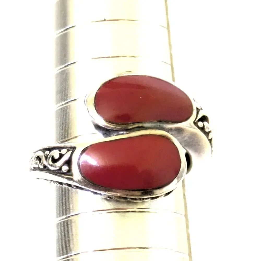 CHAPAL ZENRAY 925 Sterling Silver Vintage CORAL Bypass Ring Size 6.75-7